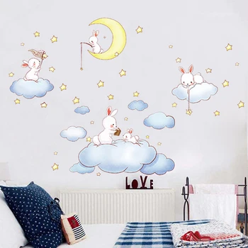 Az aranyos felhők nyúl fali matricák a gyerekek szobák cserélhető DIY gyermekek hálószoba fali matricák lakberendezés rajzfilm háttérképek
