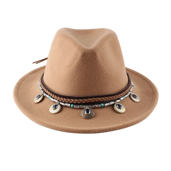 Jazz kalap őszi téli vintage Éreztem, kalapos hölgy divatos bőr övcsat gyapjú cowboy kalap sapka többszínű klasszikus hivatalos