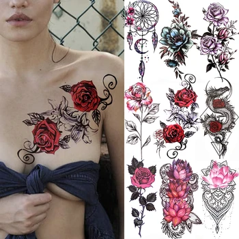 Akvarell Piros Rózsa, Lótusz Tetoválás Matrica Női Fekete Dreamcatcher Hold Sárkány Csipke Ideiglenes Tetoválás, Hamis Ékszerek Tetoválás