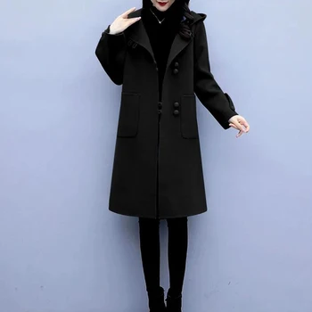 Gyapjú Kabát Női 2020-as Őszi Téli Új koreai Közepes Hosszúságú Kapucnis Laza Fekete Kabát Női Haze Kék Gyapjú Kabát Női E537