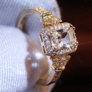 Modyle Jegygyűrűt A Nők Cirkónia Tér, Kőből Készült Luxus Arany Színű Eljegyzési Kiegészítők Csepp Szállítás