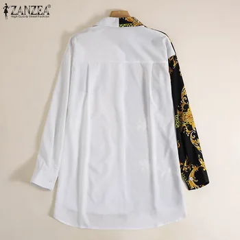 ZANZEA Női Vintage Nyomtatott Pólók 2021 Tavaszi Patchwork Maximum Alkalmi Hosszú Ujjú, Laza Hajtóka Túlméretezett Blusa Femme Streetwear