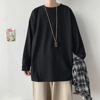 Magas Minőségű Alapvető Hosszú Ujjú póló Férfi koreai Divat Alkalmi Ruha Tini Laza Fit M-5XL Laza Pólók Streetwear
