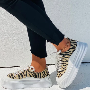 2021 Nők Platform Cipők Női Zebra Minta Vulkanizált Női Csipke Lapos Női Magasság Növelése, Kényelem Cipő