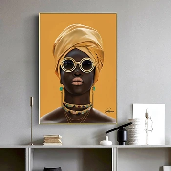 Fekete Nő, Napszemüveg Olaj Festmény A Falon, Modern Dekoráció, Fali Vászon Art Képek Cuadros Sárga Afrikai Nő Poszter