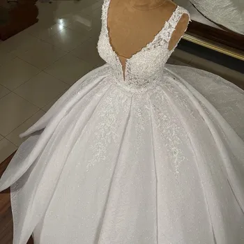 Arab Dubai Flitterekkel Esküvői Ruhák 2022 Luxus Gyöngyös Csipke V-nyakkivágás Menyasszonyi Ruhák Ügyfél Vestidos De Noiva Köntös Mariage