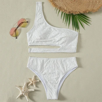 Tervező Fehér Hímzett Egy Váll Bikini Fürdőruha Brazil Női Fürdőruha Kétrészes Külön Monokini Fürdés Úszni Ruhák