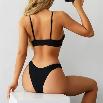Fürdőruha Micro Bikini 2022 Új Egyszínű Fekete Fürdőruhás Nők Két Darab, Magas Derék Thong Tengerpart Fürdőruha Női Bikini Szett