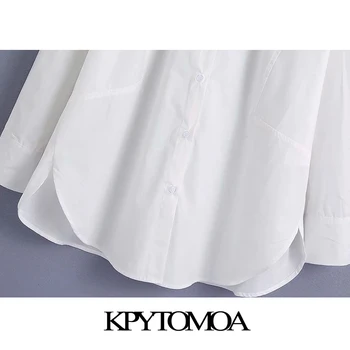 KPYTOMOA Női Divat Túlméretezett Aszimmetrikus Fehér Blúzok Vintage Hosszú Ujjú Gomb-up Női Ing Elegáns Felsők