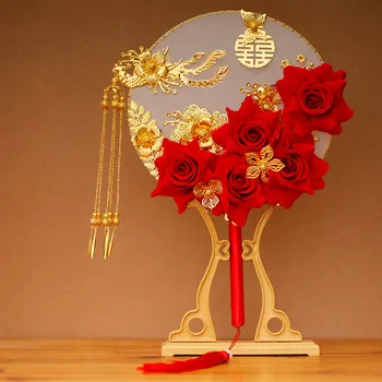 32x22cm Rose Kézi Menyasszony Rajongók Régi Kínai Esküvői Dekorációs Rajongók Menyasszony Fotózás Díszek lakberendezés