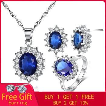 JADE ANGYAL Gyűrű Készlet Luxus Zafír 925 Ezüst Ékszerek, A Nők Kék Ovális, Aranyozott Fülbevaló, Nyaklánc, Esküvői Ékszer Szett