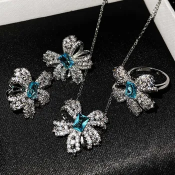 Luxus Menyasszonyi Orr Ékszer Szett 925 Sterling Ezüst Természetes Kék Topáz Kő Nyakláncok, Fülbevalók Gyűrűk Nők Esküvői Ékszerek