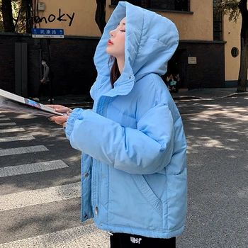 Yitimoky Nő Rövid Zubbonyok Hood Gallér Kék Pamut Kabát Bélelt 2021 Téli Kapucnis Outwear Meleg Cipzár Aranyos Lány Divat Kabát