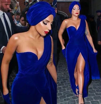 2020 Lady Gaga Vörös Szőnyegen Osztott Estélyi Ruha Royal Kék Bársony Hosszú Hivatalos Ünnep Híresség Viselni Bál Ruha A Plus Size