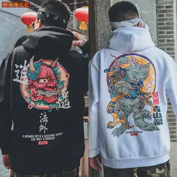 Divat király férfiak hip-hop kapucnis felső Japán Alkalmi Melegítőfelső Streetwear Nők Laza Pulóver Ördög Nyomtatás Kapucnis Férfi kabát