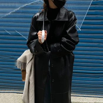 Őszi 2021 Hosszú Barna Műbőr Kabátban Plusz Szárnyak Női Fekete Motoros Kabát Alkalmi egysoros Női Outwear