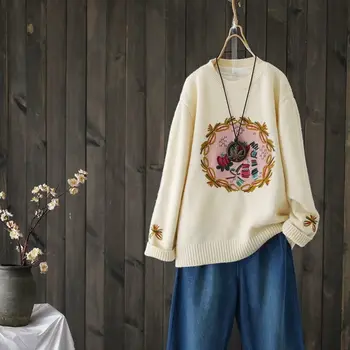 Retro pulóver női tavaszi, őszi laza temperamentum alkalmi koreai stílus, hosszú ujjú kerek nyakú pulóver Western stílusban