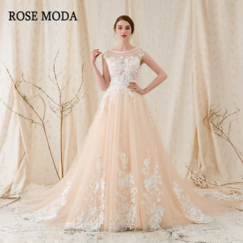 Rose Moda Modern 3D-s Virágos Csipke Esküvői Ruha Alacsony V Vissza Elefántcsont vége Esküvői Ruhák Pezsgő