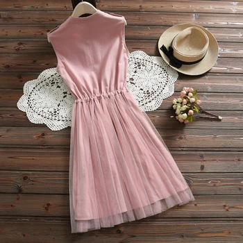 Nyári ujjatlan női ruhák rózsaszín, magas derék Egy-Vonal ruha női háló splice mini női ruha, elegáns női ruha 3518 50