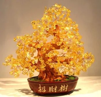 25cm Természetes kristály-sárga vagyont fa dekoráció fa pénz fa