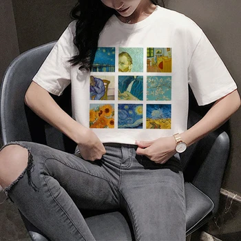 Harajuku Van Gogh-Vicces Rajzfilm Póló Nők Ullzang Esztétikai Nyomtatás póló 90-es Grafikus Vintage Tshirt koreai Top Póló Női