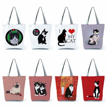 Testre Handbgas Aranyos Fekete Szeretem Macska Festmény Nők Tervező Tote Állat Grafikus Eco Újrafelhasználható Bevásárló Bevásárló Táskák Összecsukható