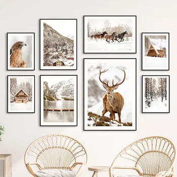 Fenyő Erdő Hó Ház Mountain Elk Sas Wall Art Vászon Festmény Északi Poszterek, Nyomatok, Fali Képek, Nappali Dekor