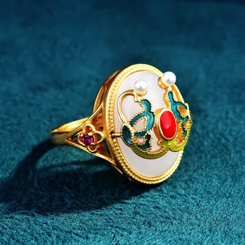 Retro Arany Berakásos Hetian Jade Gyűrűk Női Kék Zománc Szín Gyűrű Nyitó Női Állítható Retro Gyűrű Királyi Udvar Stílus
