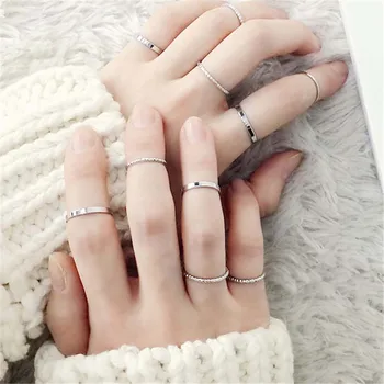 10DB/Set Divat koreai Gyűrű Egyszerű Design, Klasszikus, Ezüst Színű Változat Közös Gyűrű Dagály Kombináció Női Ékszerek