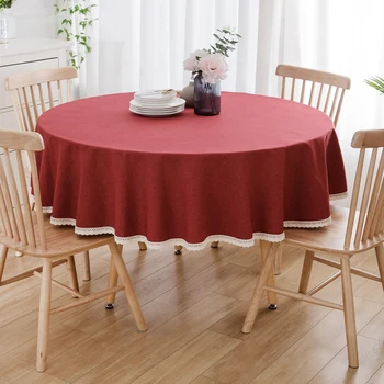 Kiváló minőségű luxus pamut Vászon piros kerek terítő fehér csipke selvage Vastag hotel Esküvői Étkezési kerekasztal Borító Szövet