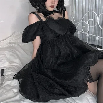 Japán Édes fekete Hercegnő Ruha Lolita Stílus Aranyos Szív Alakú, Fodros Puff Ujjú Ruha Nyári Női Party Ruha