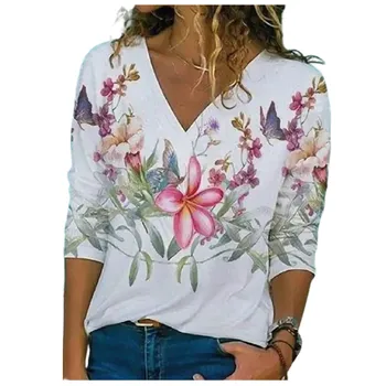 2021 Új Tavaszi Őszi Nők Virágos Nyomtatás Póló, Alkalmi Streetwear Divat Női V-nyakú Hosszú Ujjú Nagy Méretű Felsők 4xl 5xl