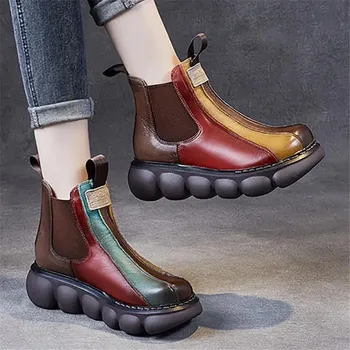 Új Őszi Női Valódi Bőr Chelsea Boots Női Platform Lusta Cipő Ékek Hölgy Tér Sarok Retro Kézzel készített Cipő 35-40