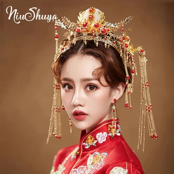 NiuShuya Luxus Esküvői Menyasszony Hagyományos Kínai Haj Kiegészítők, Menyasszonyi Fejdísz, Arany Fejdísz, Kerek Korona Haj, Ékszerek Dísz