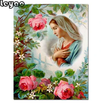 Teljes gyémánt festmény Vallási 5D DIY Négyzet, Kör gyémánt hímzés Szűz Mária Virágok