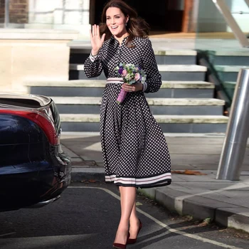 Kate Middleton Tavaszi Kiváló Minőségű, Új Női Divat Alkalmi Fél Elegáns Vintage Designer Hosszú Ujjú Nyomtatás Chiffon Ruha