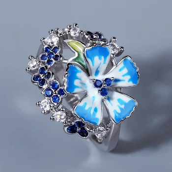 Gyönyörű Hölgyek 925 Ezüst Gyűrű Kék Virág Gyűrű Etnikai Stílusú, Kézzel készült Zománc Női Ékszerek Szakorvos Fél Gyűrű, jegygyűrű