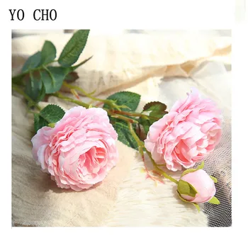 YO CHO Rose művirágok 3 Fej Fehér Bazsarózsa Selyem Virágok Piros Rózsaszín Kék Hamis Virág, Esküvői Dekoráció, Otthon Bazsarózsa Csokor