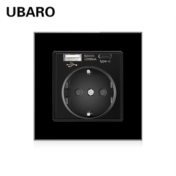 UBARO Uniós DE RU Standard Edzett Üveg Panel Fali Aljzat Usb 5V 2100mA C Típusú hálózati Csatlakozó Elektromos hálózathoz AC110-250V 16A