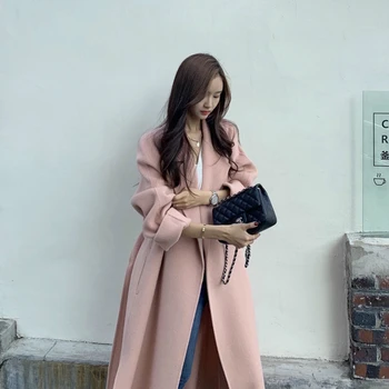 Téli Koreai 2020-As High-End Nők Hosszú Oldalon Osztott - Os Gyapjú, Kézzel Készített Rózsaszín Kétoldalas Kabát Illesztése Öv Laza Gyapjú Kabát