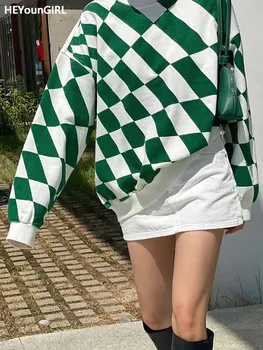 HEYounGIRL Kockás Nyomtatás koreai Divat Melegítőfelső Nők Őszi Hosszú Ujjú Alkalmi Laza Pullovers Streetwear 2000-es évek Esztétikai