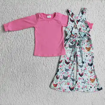 Kisgyermek kislány őszi ruhát overall ruhát a gyerekek, lányok, szilárd, rózsaszín top csirke harang alsó overall divat ruha
