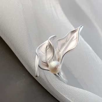 Hiteles 925 Sterling Ezüst Nők Nyitva Állítható Leafage Gyűrű Természetes Gyöngy, Retro Divat Dagály Flow Magas Minőségi Ékszerek