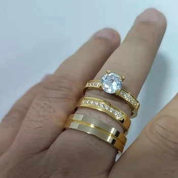 Nagykereskedelmi 14k Aranyozott Esküvői, Eljegyzési Gyűrűk, Beállítva a Férfiak, mind a Nők cirkónia kő Gyémánt Pár Gyűrű 3pcs