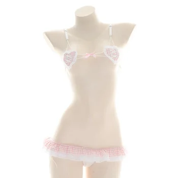 Szexi Lányok Lolita Micro Bikini Kockás Mini Melltartó, fehérnemű Szett Fehérnemű Női Anime Cosplay Ruha Rózsaszín Fodros Aranyos Fehérnemű Femme
