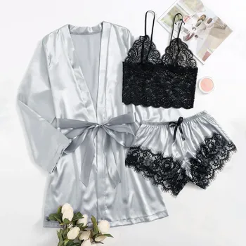 Új Szatén Selyem Pizsamát Nők Hálóingre Fehérnemű Köntös Fehérnemű Hálóruházat Szexi 3pcs Mujer Plus Size Csipke Szett, Tavaszi, Őszi