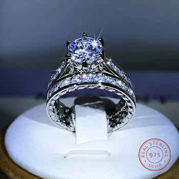 925 Ezüst Luxus, Eljegyzési Gyűrűk, Nők, 2db/Készlet Fényes Cirkon Újszerű Tervezési Két Hang Elegáns Női Ékszerek Gyűrűk Hajó