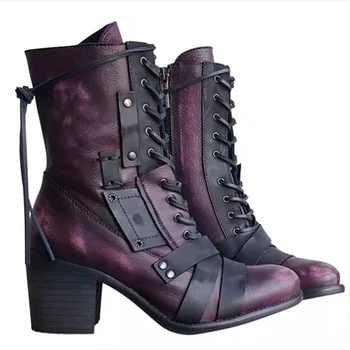 2020 Új Női Téli Szabadtéri Lace-up Boka Csizma Női Tér Sarok PU Boot Plus Size 35-43 Alkalmi Cipők Nő Zapatos Mujer