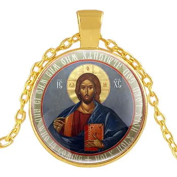 Régi Klasszikus Ortodox Kereszténység Medál Nyaklánc Férfi Nő Art Glass Cabochon Ékszerek Ajándékok