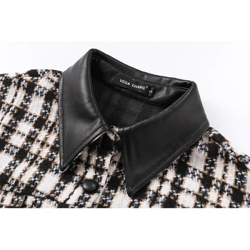 2021 Új Őszi Tweed Varrás Pu Bőr Kockás Kabát Női Streetwear Hajtóka egysoros Gyapjú Kabát A Női Öv